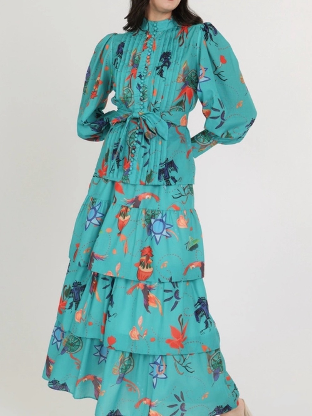 🔥Everard’s Clothing 2PC Tiered Teal Floral Maxi Skirt Set with Waist Tie NWT - Picture 1 of 14
